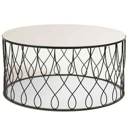 "Icing on the Cake" 42-Inch Round Cocktail Table with Swirled Metal Drum Base and Painted Glass Top